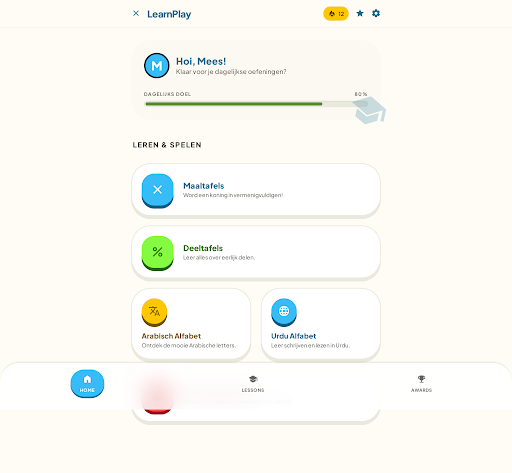 PlayLearn beginscherm met leeropties